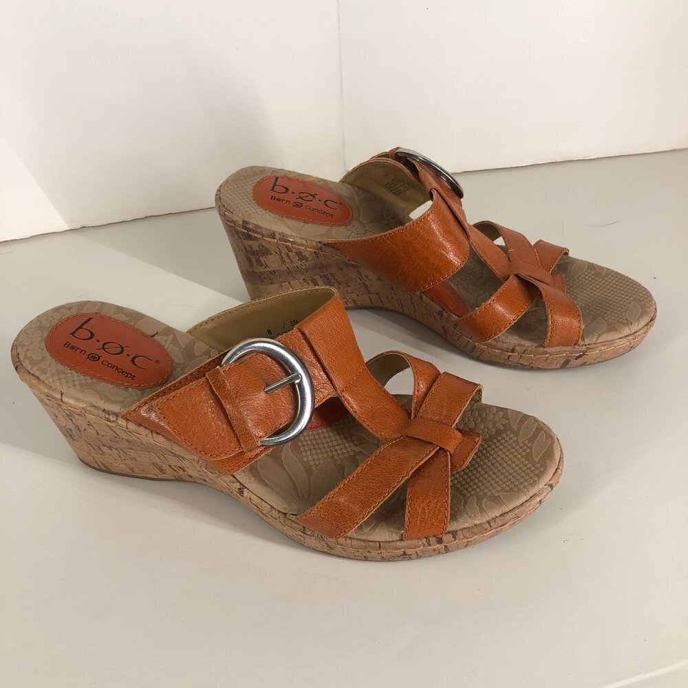 BOC Born Concept Orange Leather Slip On Cork Wedge Sandals Sz‎ 39